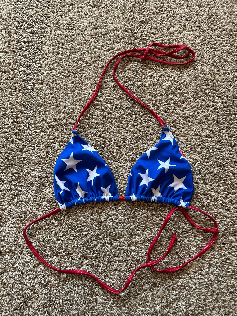 Blue Star Print Triangle Bikini Top with Red Ties